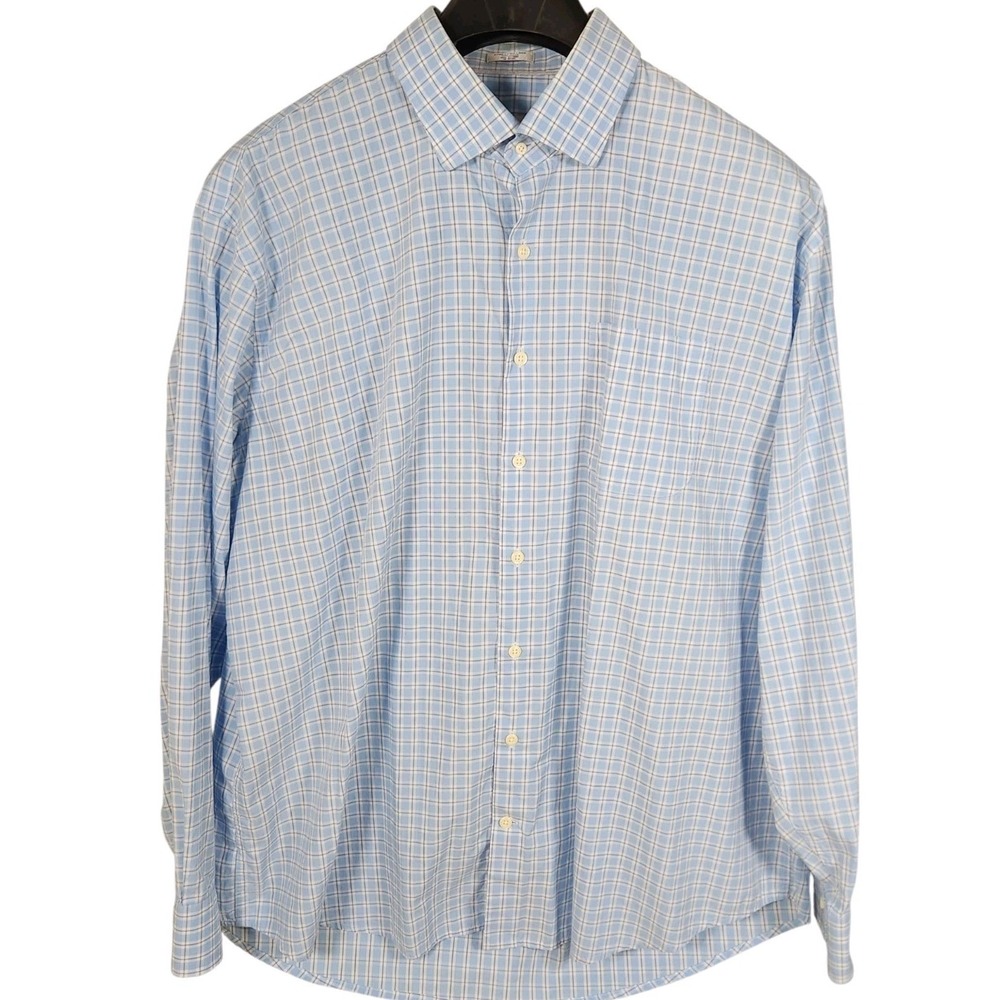 Peter Millar Mens Dress Shirt 34 32 Blue Plaid Button Front Cotton
